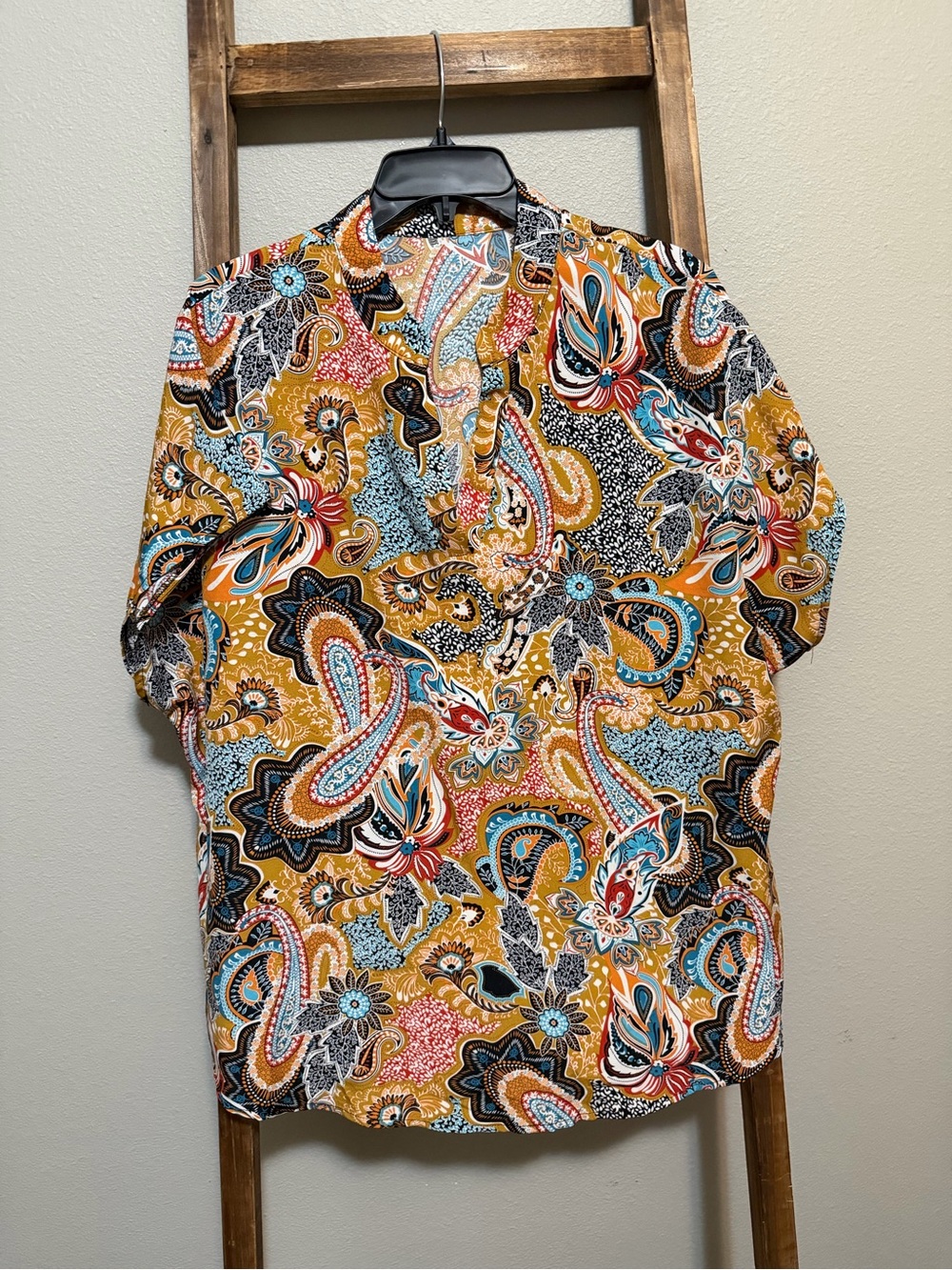 SHEIN Mustard Multi Paisley Short-Sleeve Button-Up Blouse